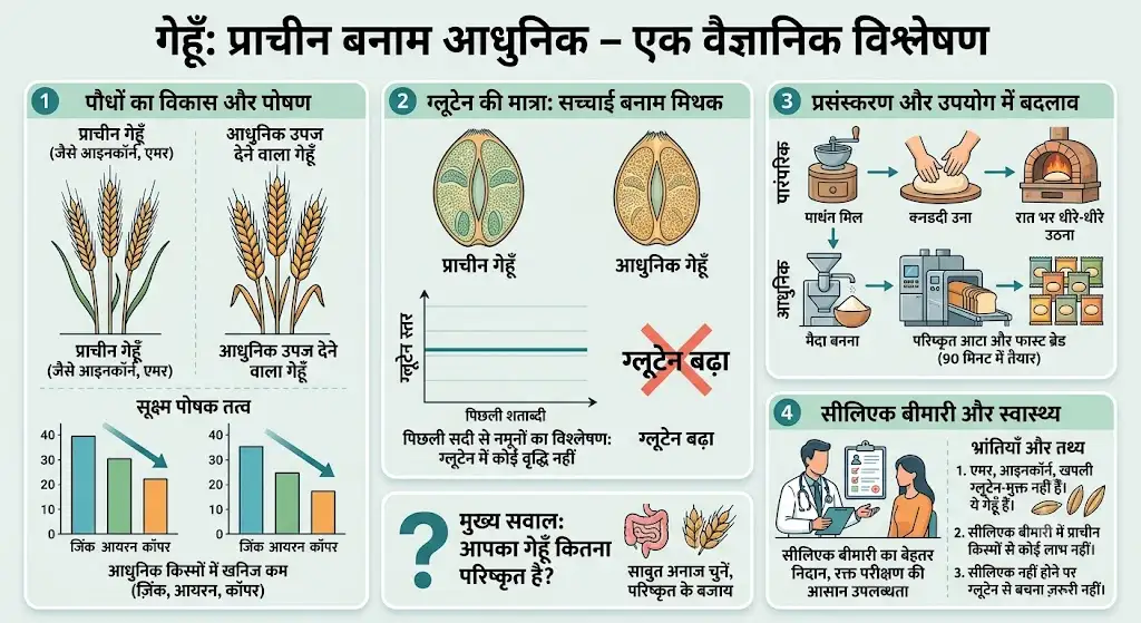 गेहूँ तब और अब: सुनहरा अनाज ग्लूटेन में कब बदल गया? 3 इन्फोग्राफिक 'गेहूँ: प्राचीन बनाम आधुनिक' — पौधे की बनावट और पोषण, ग्लूटेन की मात्रा का सच और मिथक, प्रसंस्करण में बदलाव, और सीलिएक बीमारी; ग्राफ में आधुनिक गेहूँ में ज़िंक, आयरन और कॉपर कम दिखाए गए हैं