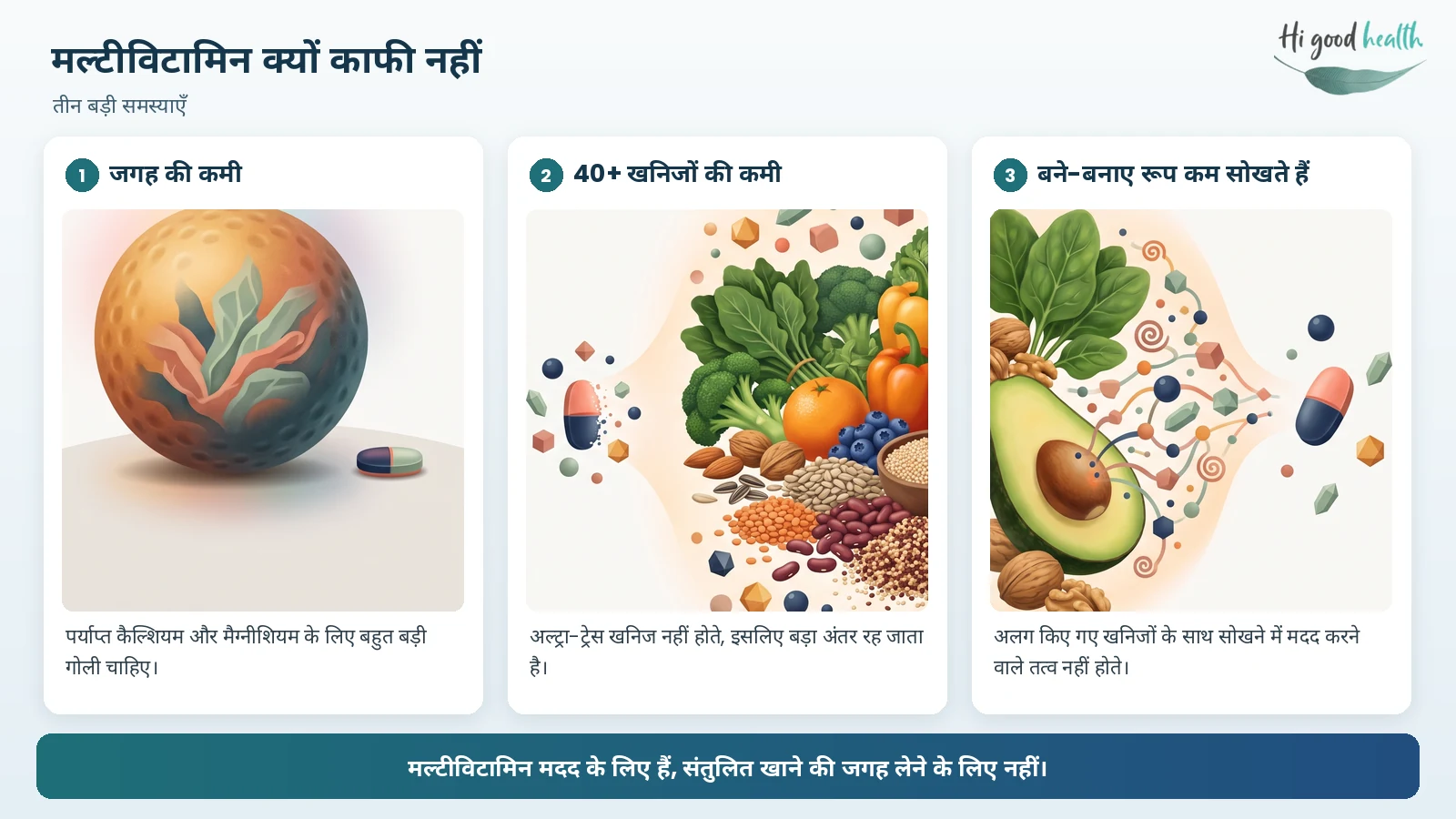इन्फोग्राफिक: मल्टीविटामिन क्यों काफी नहीं — पर्याप्त कैल्शियम और मैग्नीशियम के लिए बहुत बड़ी गोली चाहिए, अल्ट्रा-ट्रेस खनिज नहीं होते, और अलग किए गए खनिजों के साथ सोखने में मदद करने वाले तत्व नहीं होते
