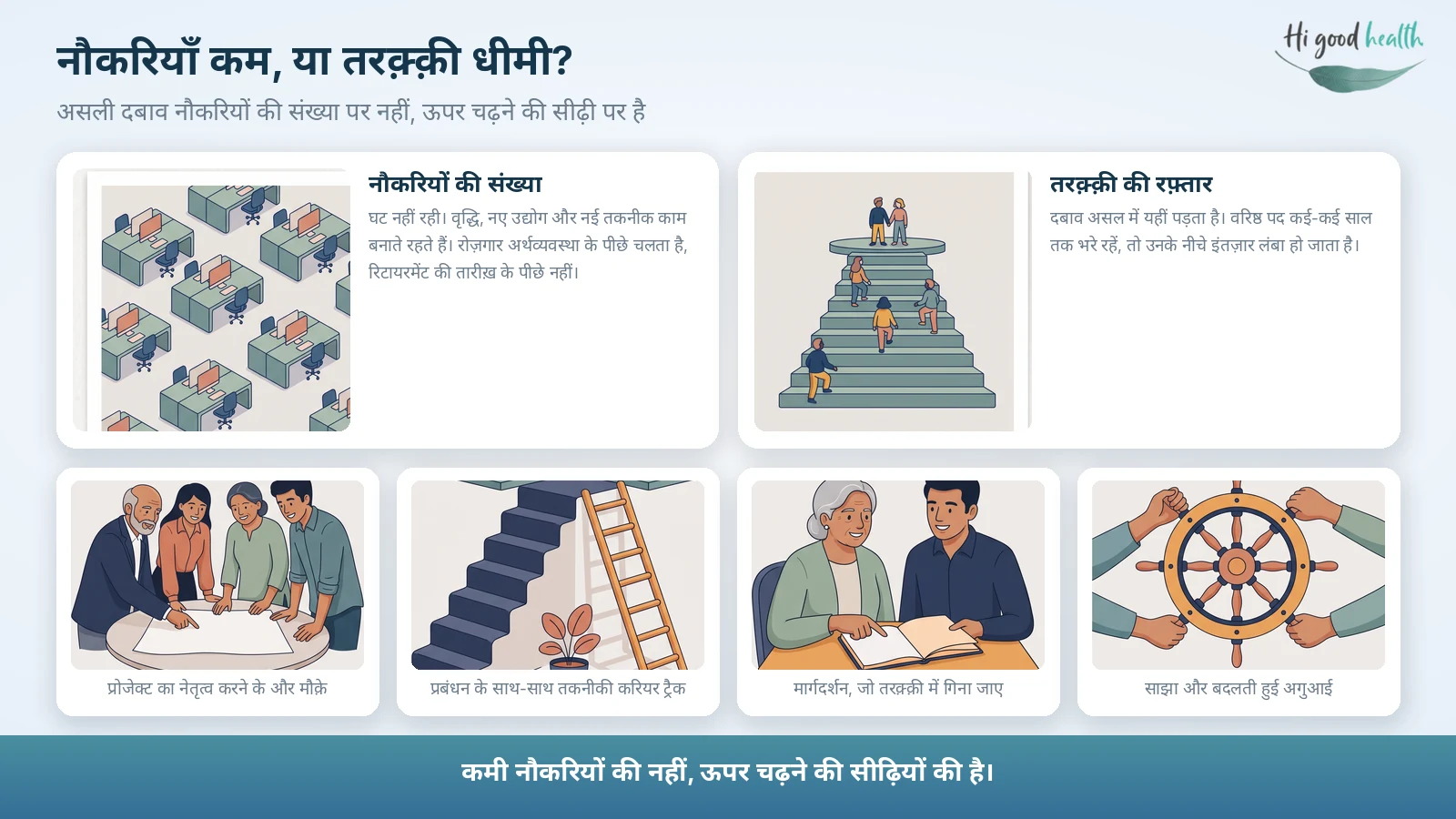 इन्फ़ोग्राफ़िक: नौकरियाँ कम, या तरक़्क़ी धीमी? — नौकरियों की संख्या और पदोन्नति की रफ़्तार की तुलना, और आगे बढ़ने के चार रास्ते