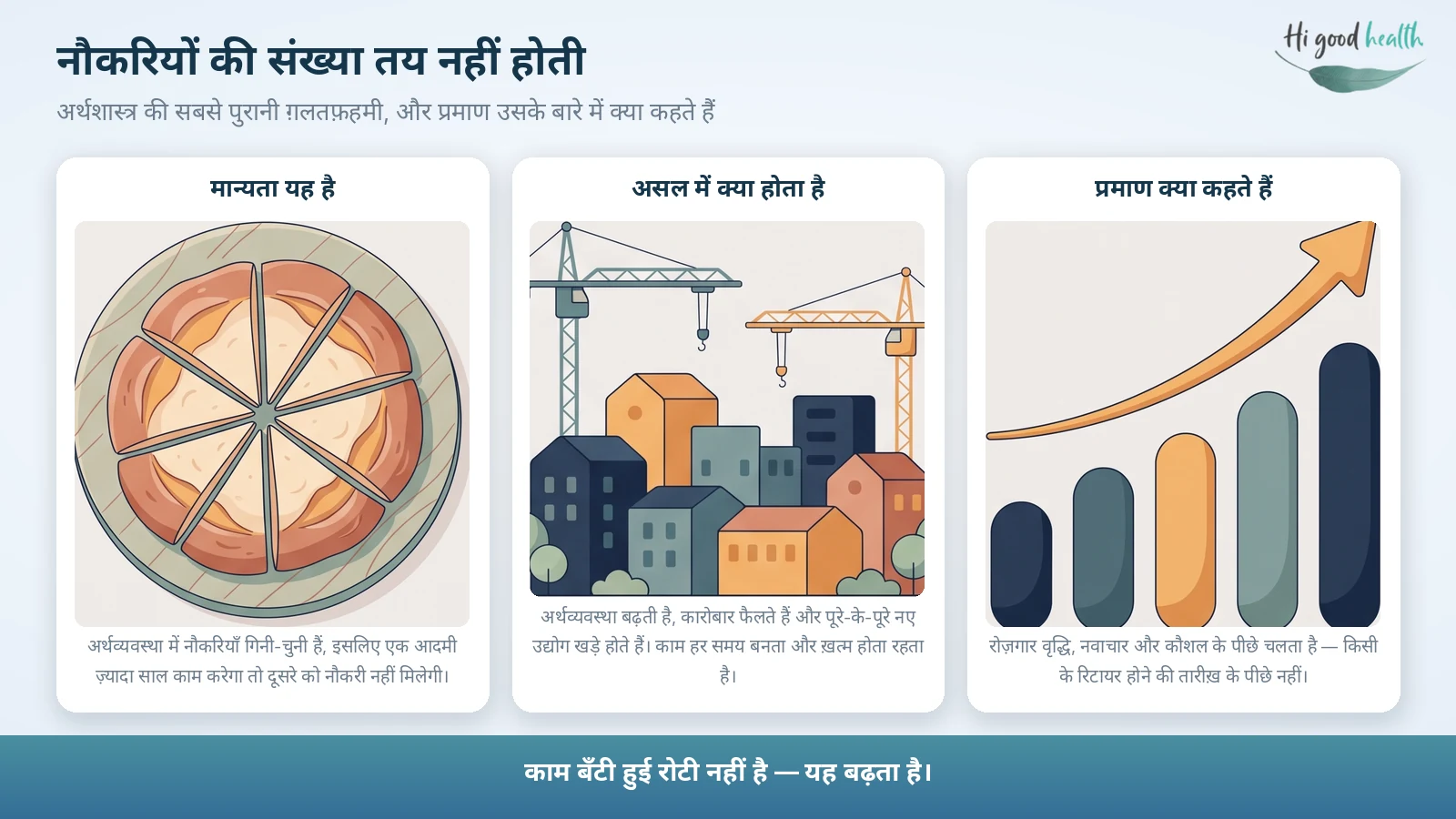 इन्फ़ोग्राफ़िक: नौकरियों की संख्या तय नहीं होती — मान्यता, असल में क्या होता है, और प्रमाण क्या कहते हैं