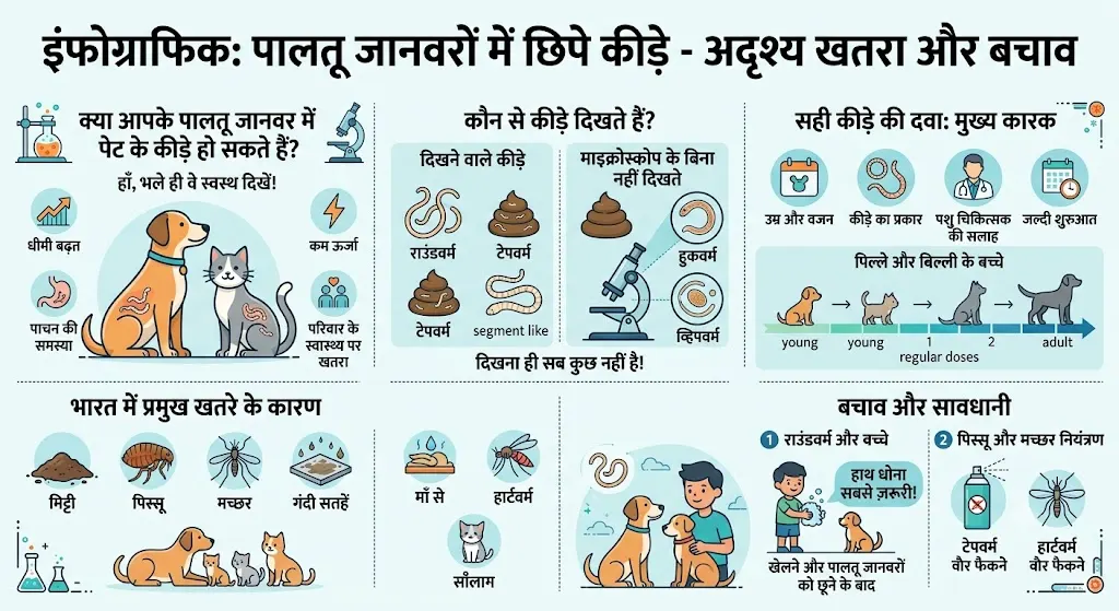 कुत्तों और बिल्लियों में कीड़े की दवा: संकेत, शेड्यूल और सही तरीका 3 इन्फोग्राफिक 'पालतू जानवरों में छिपे कीड़े' — स्वस्थ दिखने पर भी कीड़े हो सकते हैं, कौन से कीड़े दिखते हैं और कौन से नहीं, भारत में खतरे के मुख्य कारण, उम्र और वज़न के हिसाब से सही खुराक, और बचाव के उपाय