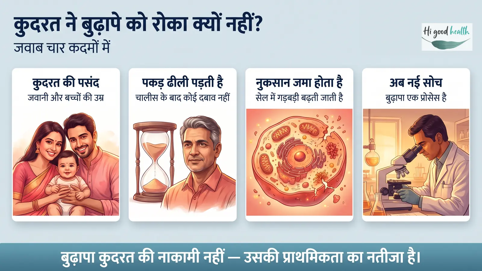 क्या इंसान का बुढ़ापा पलट सकता है? रिवर्स एजिंग की साइंस — भाग 1 3 कुदरत ने बुढ़ापे को रोका क्यों नहीं — कुदरत जवानी और बच्चों की उम्र तक ही साथ देती है, चालीस के बाद उसकी पकड़ ढीली पड़ जाती है, सेल में नुकसान जमा होता जाता है, और अब रिसर्चर बुढ़ापे को एक प्रोसेस मानते हैं