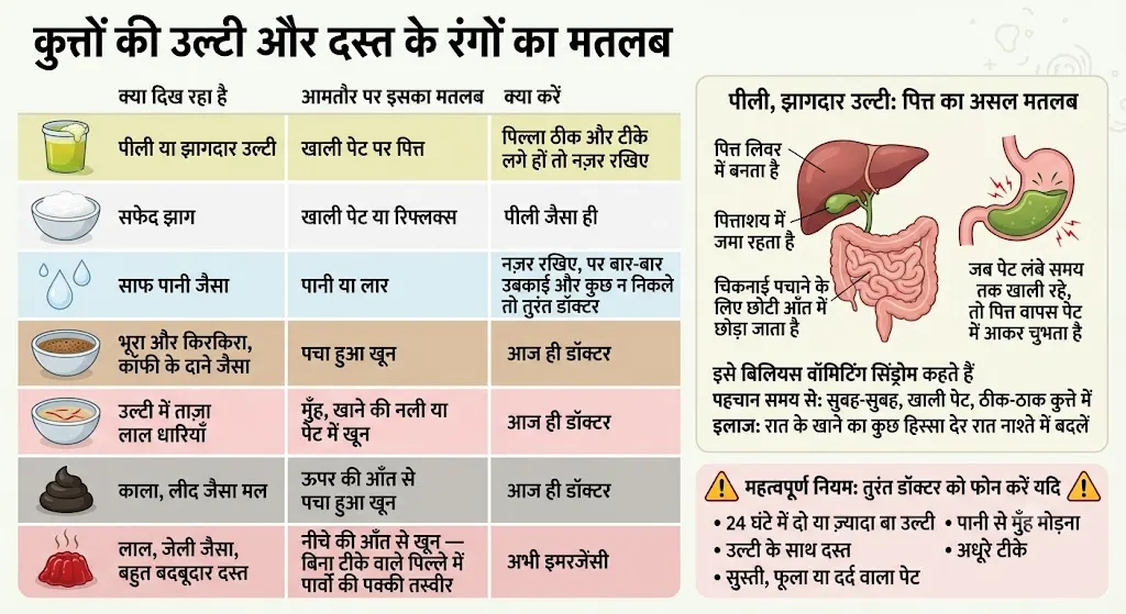 दस्त, सुस्ती, फूला या दर्द वाला पेट, पानी से मुँह मोड़ना, या अधूरे टीके