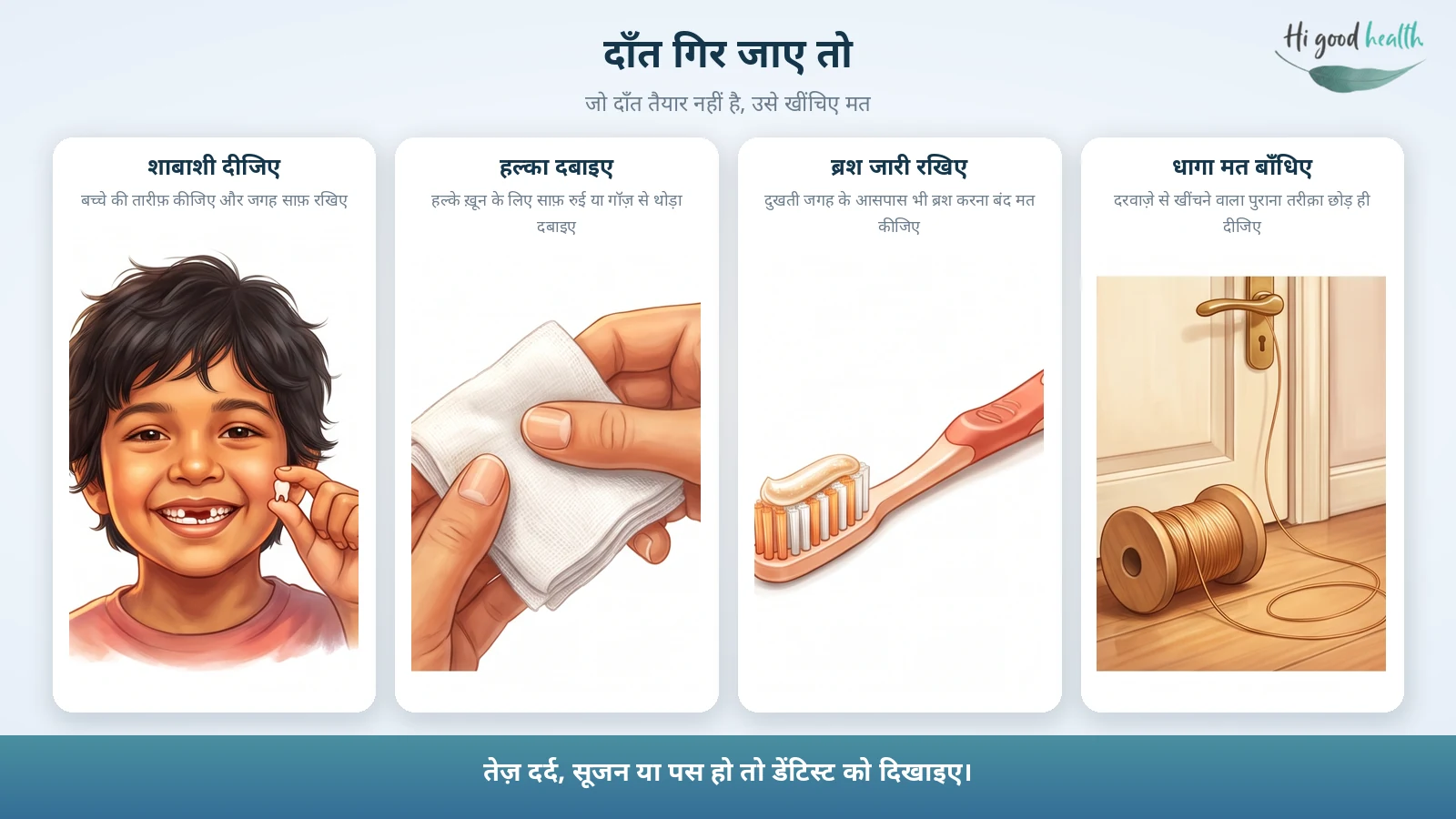 इन्फोग्राफ़िक: गिरा हुआ दूध का दाँत उँगलियों में पकड़े मुस्कुराता बच्चा, हल्के ख़ून के लिए साफ़ गॉज़, टूथपेस्ट लगा ब्रश, और दरवाज़े के पास पड़ा धागे का रील जो पुराने तरीक़े की मनाही दिखाता है