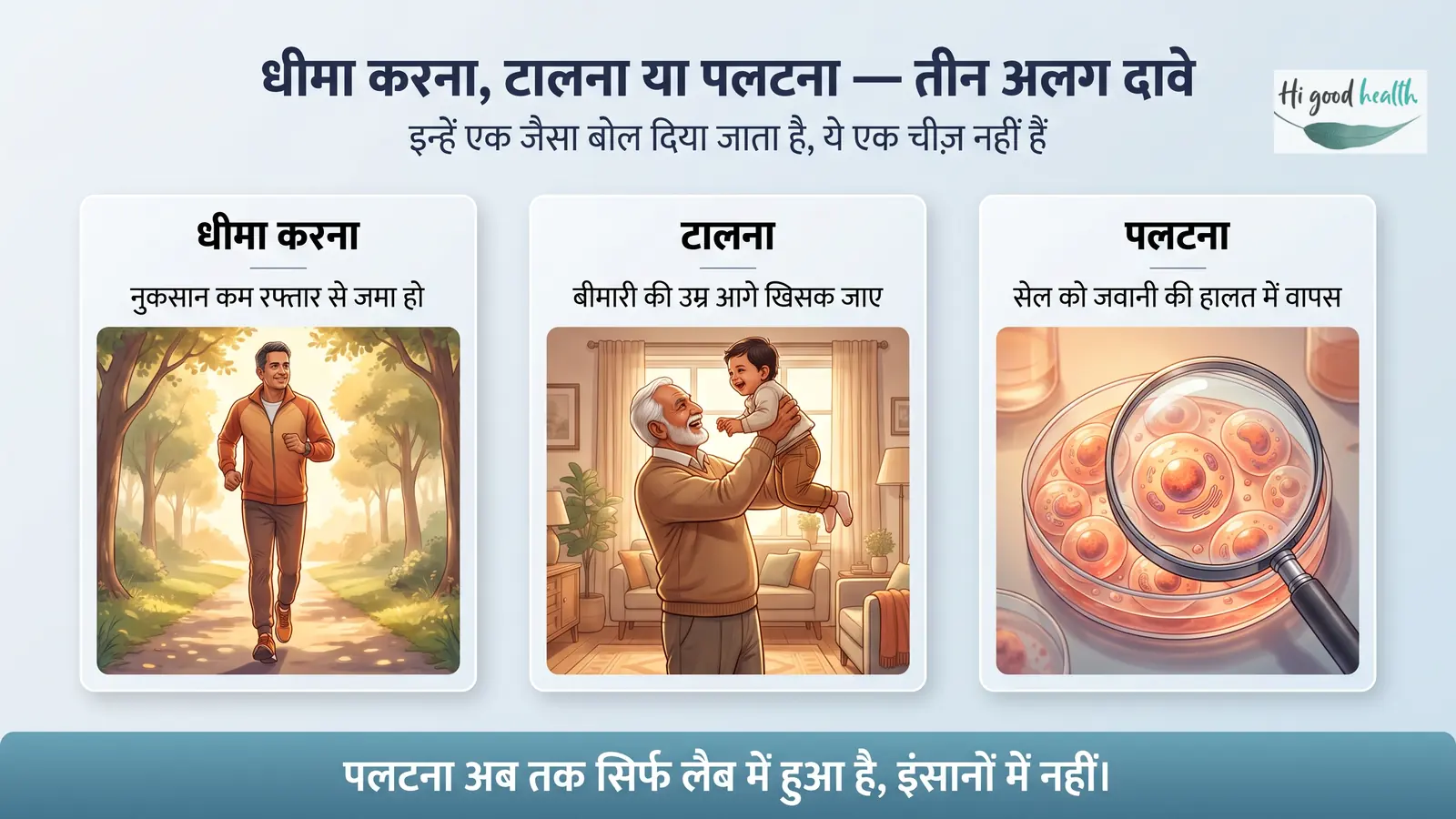 धीमा करना, टालना और पलटना तीन अलग दावे हैं — धीमा करना यानी नुकसान कम रफ्तार से जमा हो, टालना यानी बीमारी की उम्र आगे खिसक जाए, और पलटना यानी सेल को जवानी की हालत में वापस ले जाना, जो अब तक सिर्फ लैब में हुआ है, इंसानों में नहीं