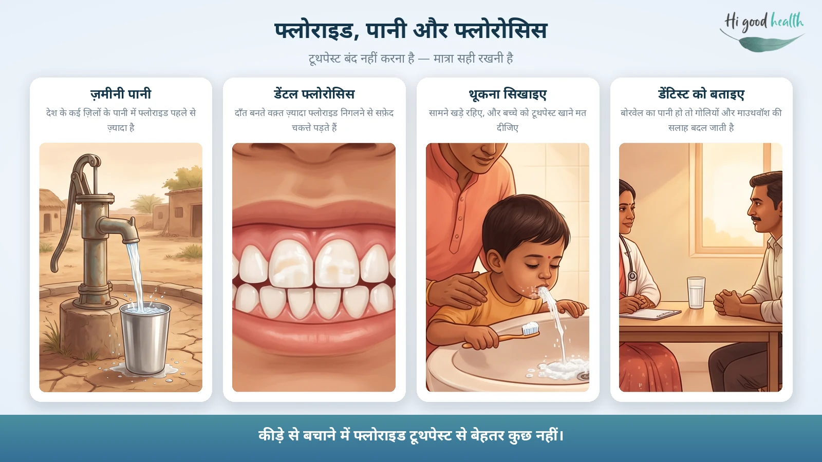 इन्फोग्राफ़िक: ज़मीनी पानी दिखाता हैंडपंप और स्टील का गिलास, दाँतों पर सफ़ेद चकत्तों वाला डेंटल फ्लोरोसिस, बेसिन पर बच्चे को टूथपेस्ट थूकना सिखाते अभिभावक, और बोरवेल के पानी की जानकारी लेती डेंटिस्ट