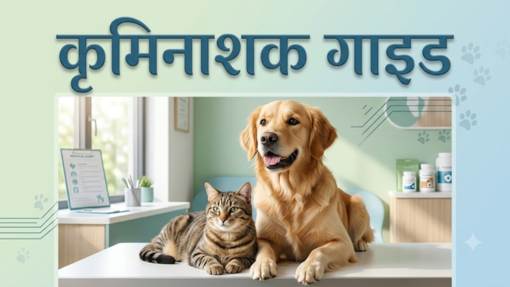 कुत्तों और बिल्लियों में कीड़े की दवा: संकेत, शेड्यूल और सही तरीका 2 क्लिनिक में साथ बैठे बिल्ली और गोल्डन रिट्रीवर, पीछे शेल्फ पर दवाइयाँ — शीर्षक 'कृमिनाशक गाइड'