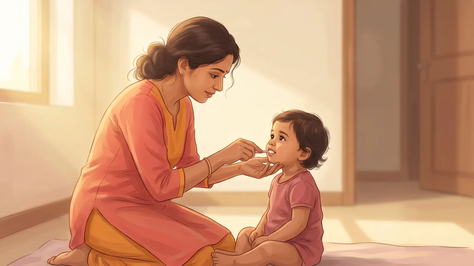 बोतल से दाँत सड़ना: छोटे बच्चों में कीड़ा, सफ़ेद दाग़, बचाव और इलाज 2 एक भारतीय माँ घर में घुटनों के बल बैठकर अपने छोटे बच्चे के आगे के दाँत छोटे मुलायम ब्रश से साफ़ कर रही है, बच्चा शांत होकर ऊपर उसकी ओर देख रहा है