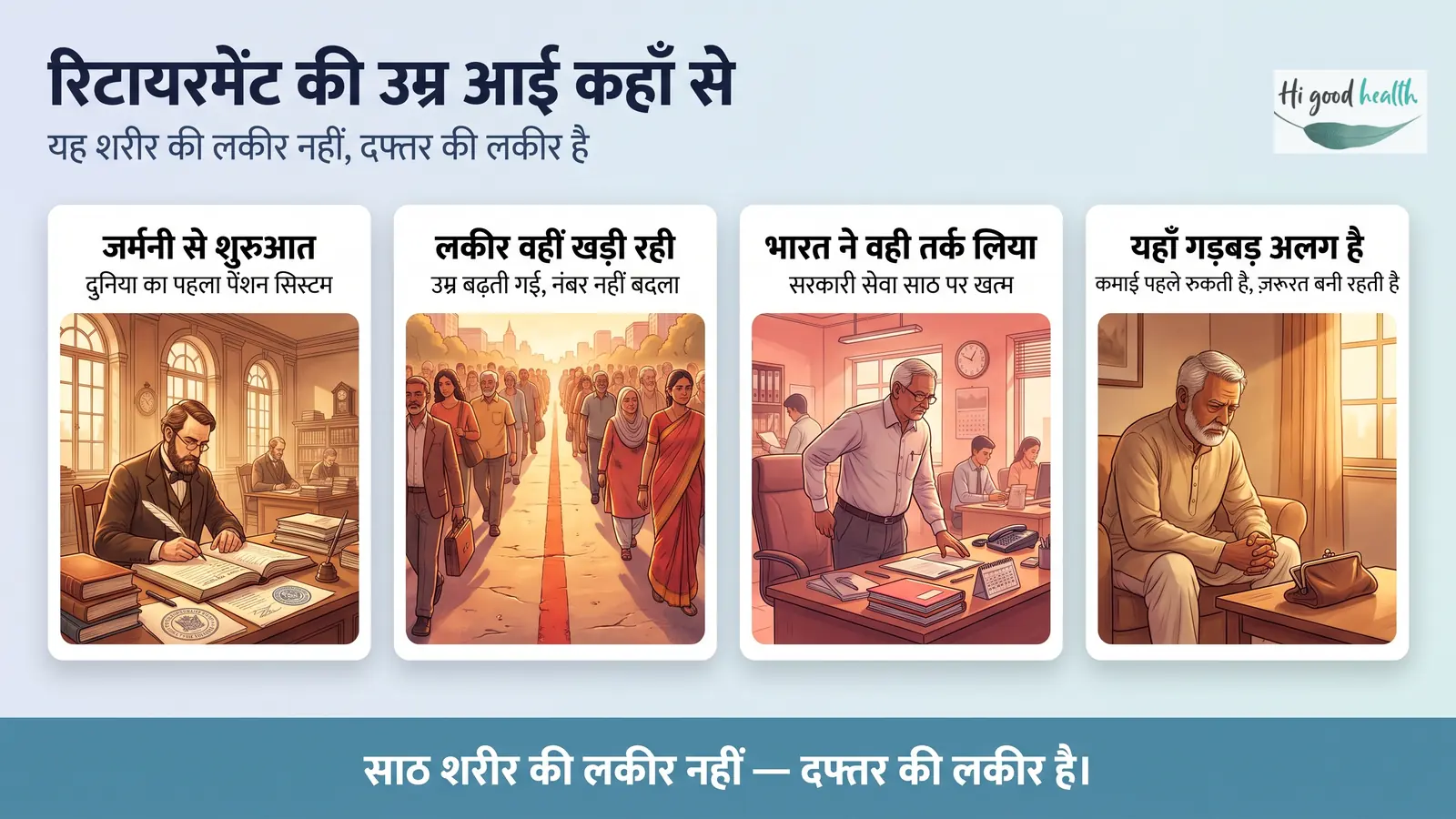 अगर बुढ़ापा धीमा हुआ तो क्या रिटायरमेंट बचेगा? — भाग 3 3 रिटायरमेंट की उम्र कहाँ से आई — जर्मनी के पहले राष्ट्रीय पेंशन सिस्टम से; उसके बाद उम्र बढ़ती गई पर वह लकीर वहीं खड़ी रही, भारत ने वही तर्क विरासत में लिया और सरकारी सेवा साठ पर खत्म होती है, जबकि यहाँ कमाई पहले रुकती है और ज़रूरत बनी रहती है