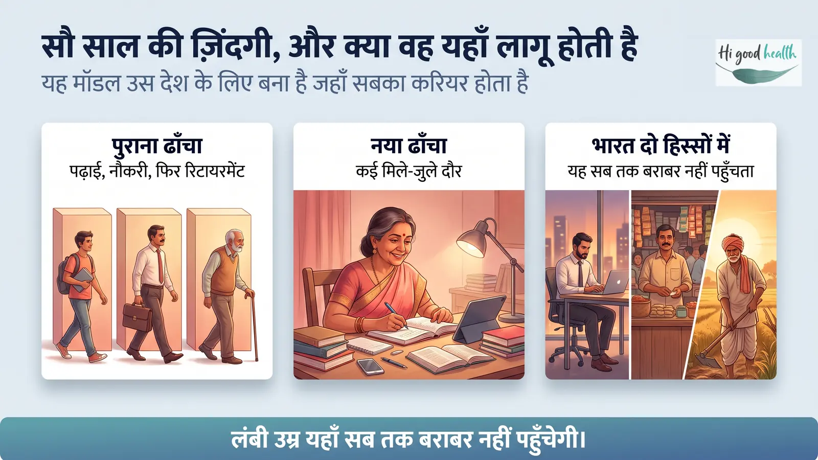 अगर बुढ़ापा धीमा हुआ तो क्या रिटायरमेंट बचेगा? — भाग 3 4 सौ साल की ज़िंदगी का मॉडल — पढ़ाई, नौकरी और रिटायरमेंट के पुराने ढाँचे की जगह कई मिले-जुले दौर आएंगे; पर भारत दो हिस्सों में बँटा है, यह शहरी तनख्वाह वाले थोड़े से लोगों पर ठीक बैठता है और बाकी सब तक बराबर नहीं पहुँचता