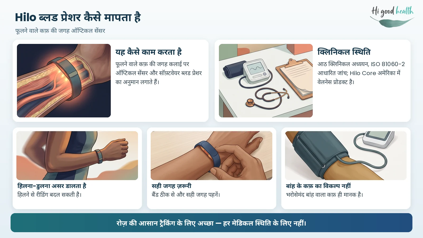 इन्फ़ोग्राफ़िक: Hilo बैंड फूलने वाले कफ़ की जगह कलाई के ऑप्टिकल सेंसर इस्तेमाल करता है; क्लिनिकल रूप से परखा गया, ISO आधारित जांच, सिर्फ़ वेलनेस प्रोडक्ट।