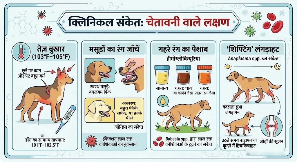 क्लिनिकल संकेत: चेतावनी वाले लक्षण — तेज़ बुखार (103–105°F), मसूड़ों का रंग (स्वस्थ बबलगम पिंक, अस्वस्थ बहुत फीके, सफ़ेद या हल्के पीले), गहरे रंग का पेशाब और बदलता हुआ लंगड़ापन