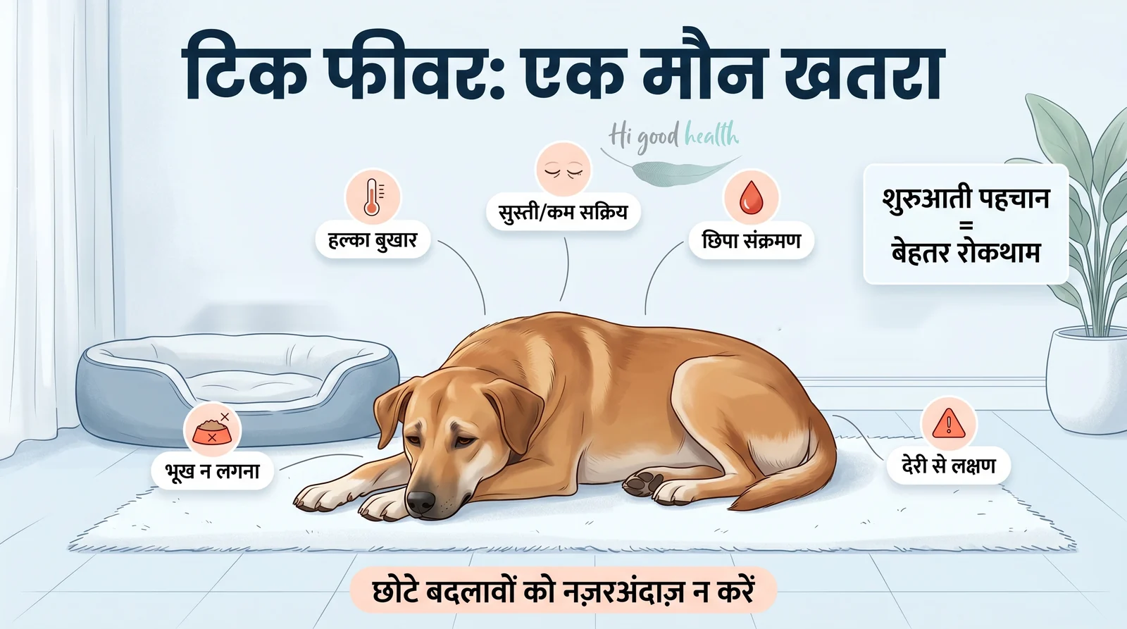 टिक फीवर: एक मौन खतरा — सुस्त लेटे डॉग के चारों ओर छह शुरुआती संकेत: हल्का बुखार, सुस्ती या कम सक्रिय, छिपा संक्रमण, भूख न लगना और देरी से लक्षण