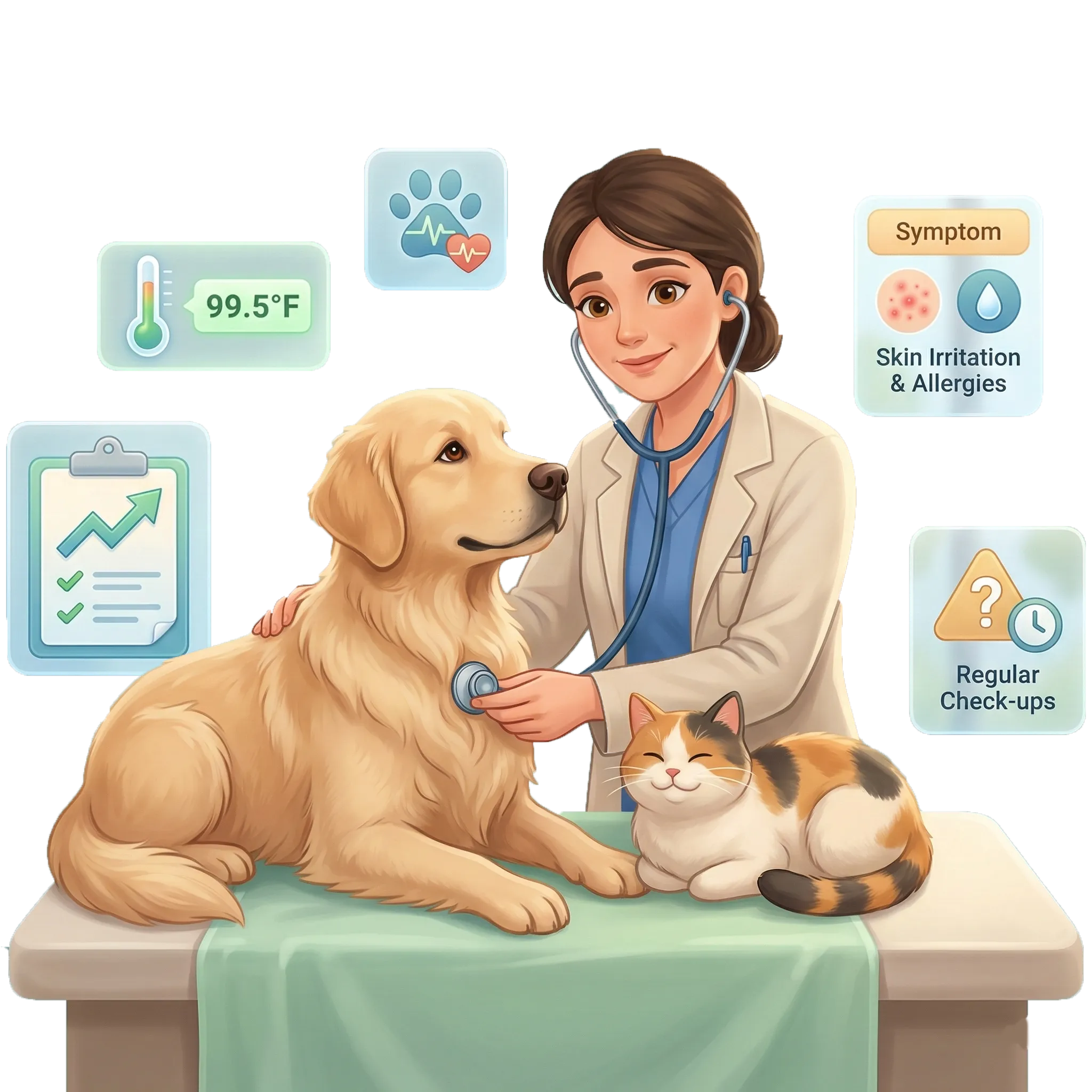 Common pet health problems and symptoms with veterinary check up for dogs and cats