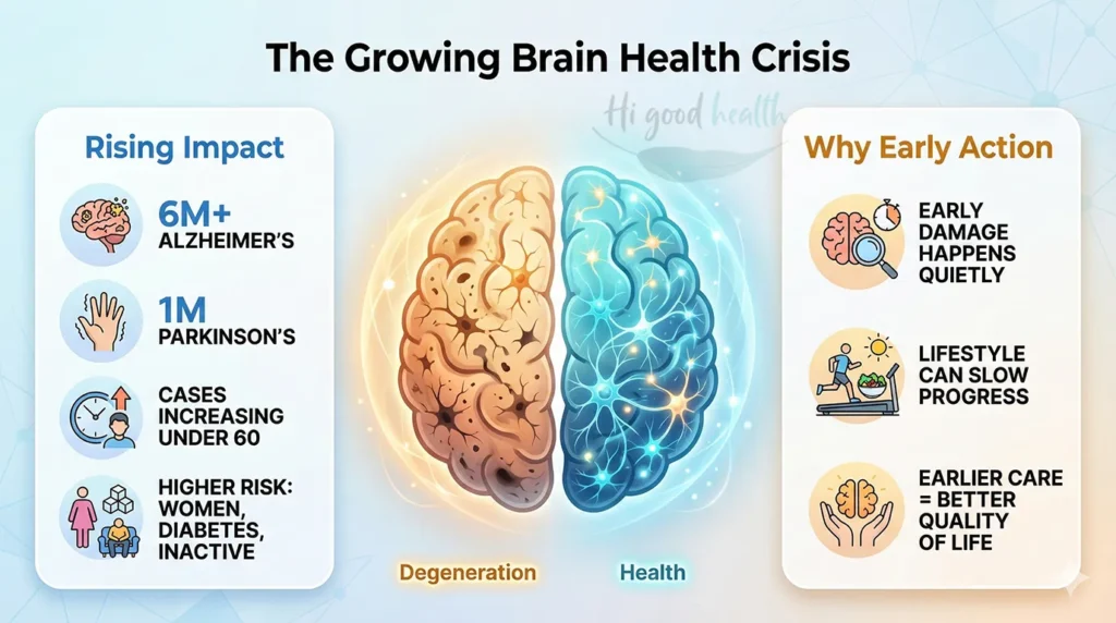 Rising prevalence of Alzheimer’s and Parkinson’s, highlighting increasing cases, risk factors, and the importance of early action.
