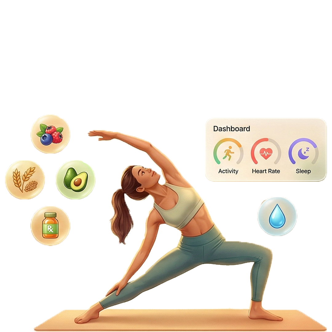 Nutrition and well being lifestyle with yoga exercise healthy food and hydration