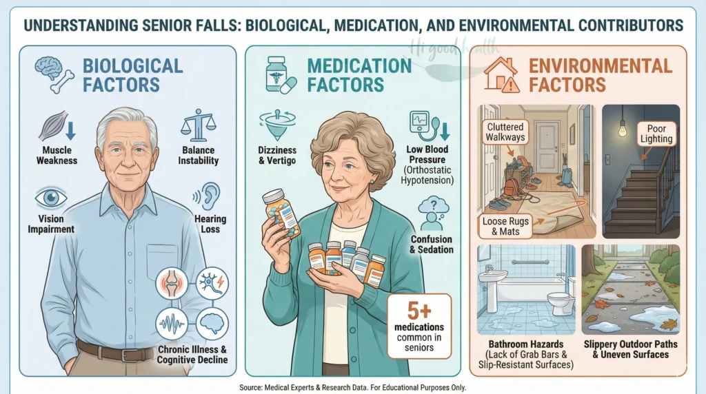 Fall Prevention That Actually Works: Protecting Seniors in 2026 3 Common causes of falls in seniors including muscle weakness, medications, and home hazards
