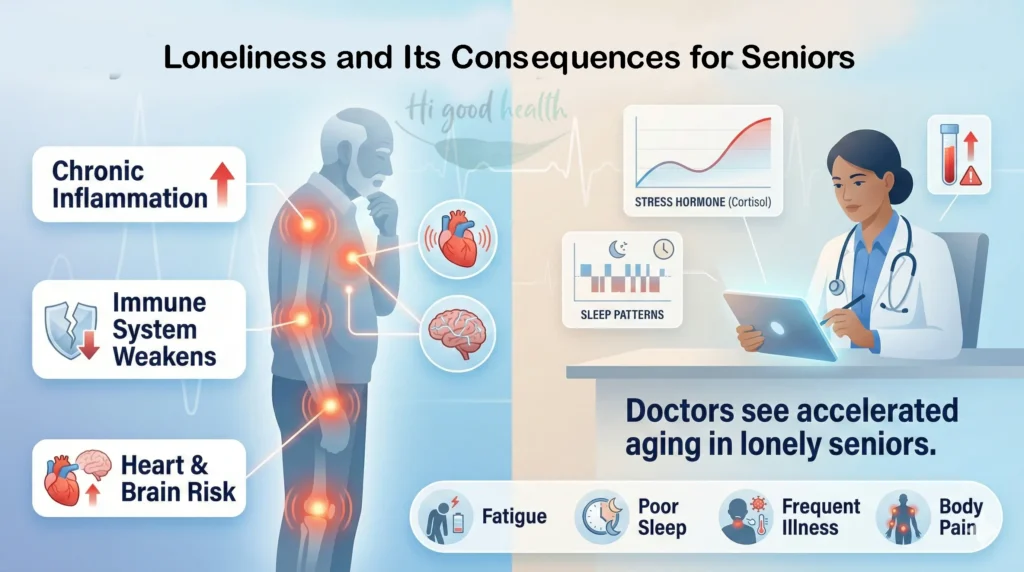 Senior Loneliness: A Growing Global Health Crisis Silently Affecting Our Elderly 3 Medical effects of loneliness in seniors causing inflammation, weak immunity, heart disease, and fatigue.