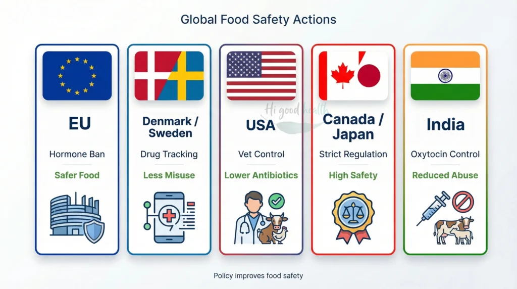 Silent Invaders: How Hormones & Antibiotics Sneak into Your Family's Diet — And Microplastics Are Reaching Your Brain! 4 Table showing country actions to reduce hormones and antibiotics in food systems.