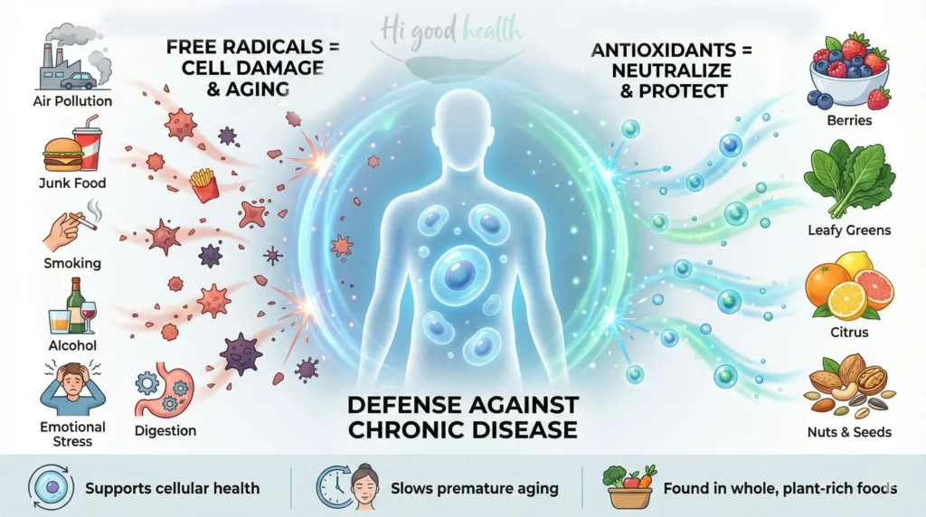 The Antioxidant Shield: Your Body’s First Line of Defence Against Disease 2 Antioxidants protect body cells from free radicals caused by stress, pollution, and poor diet, reducing aging and disease risk.