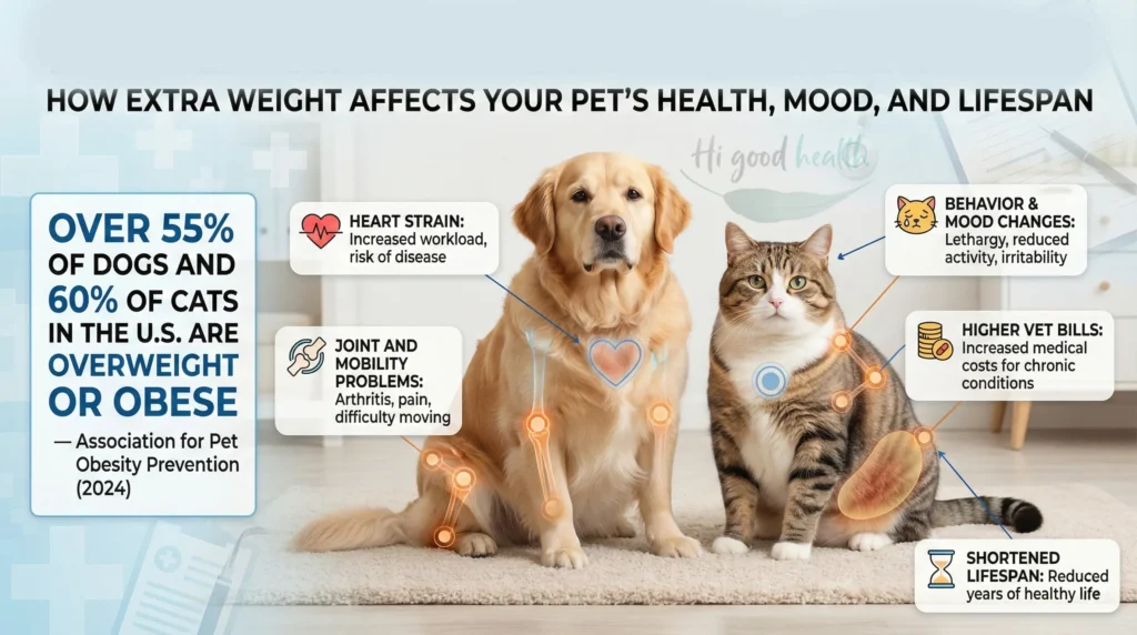 Pet obesity affects animal health, happiness, and family costs, with rising rates among overweight dogs and cats.