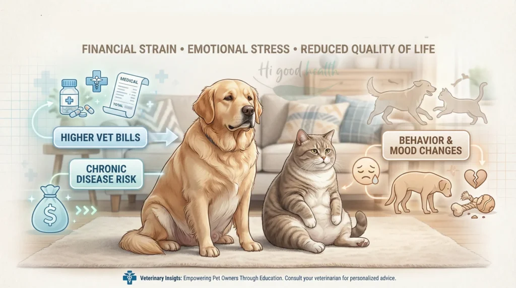 Pet obesity affects emotional health, reducing activity and dopamine levels, leading to stress, irritability, and behavior changes.