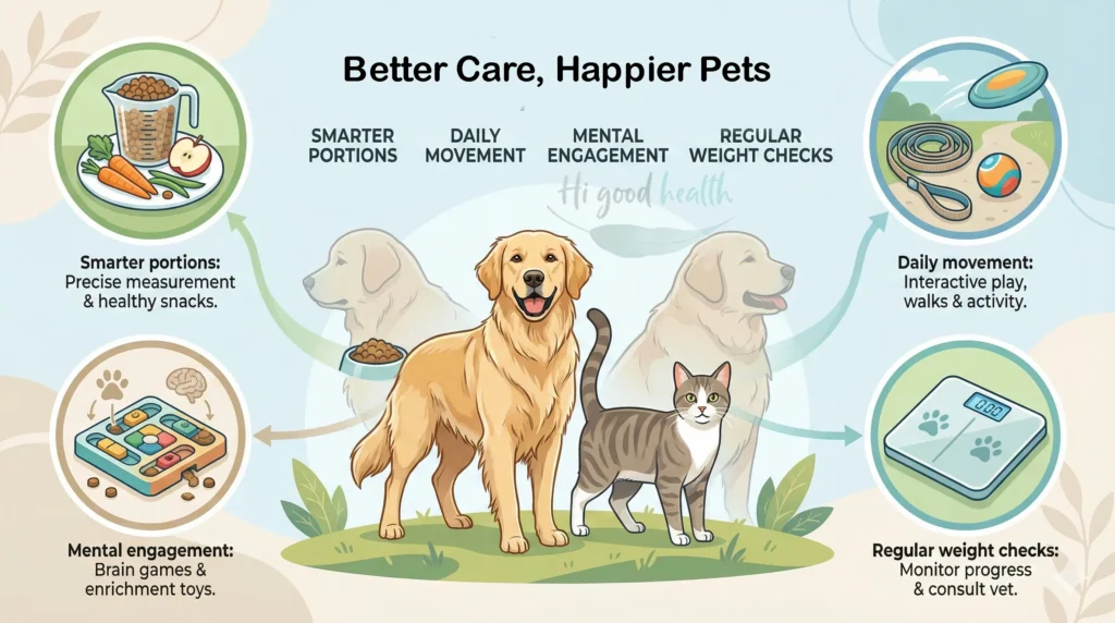 Practical steps to keep pets healthy, including portion control, daily exercise, mental stimulation, and regular weight checks.