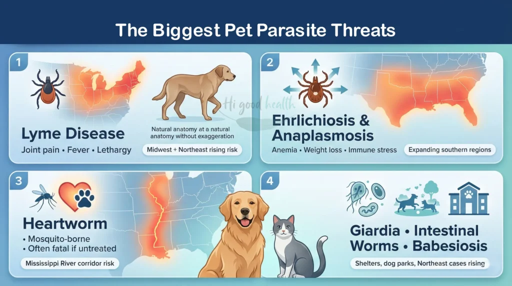 The Silent Threat: A 2026 Guide to Tick-Borne Diseases for Indian Pet Parents 3 Map showing top tick tick bone and parasite threats in the U.S. for pets in 2026, including Lyme disease and heartworm risk zones.