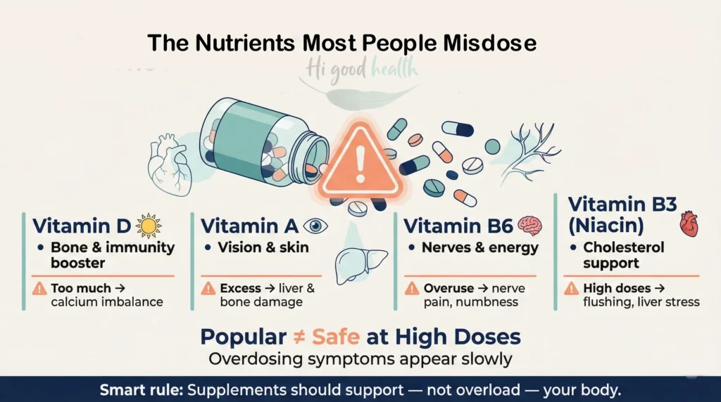 When Vitamins Go Wrong: The Most Commonly Misdosed Nutrients and How to Stay Safe 2 Commonly misdosed vitamins like D, A, B6, and B3 can be harmful if taken in excess.