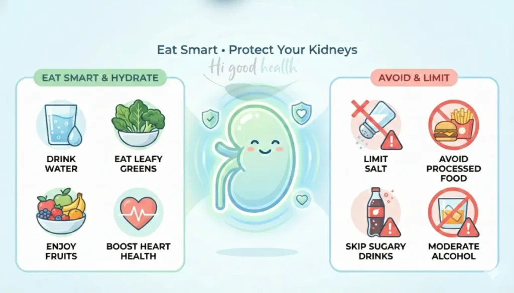 Your Kidney Guardians: What to Eat, What to Avoid, and Why It Matters (Especially with High Creatinine!) 2 Healthy kidney diet illustration showing foods to eat and avoid for managing high creatinine and kidney health.