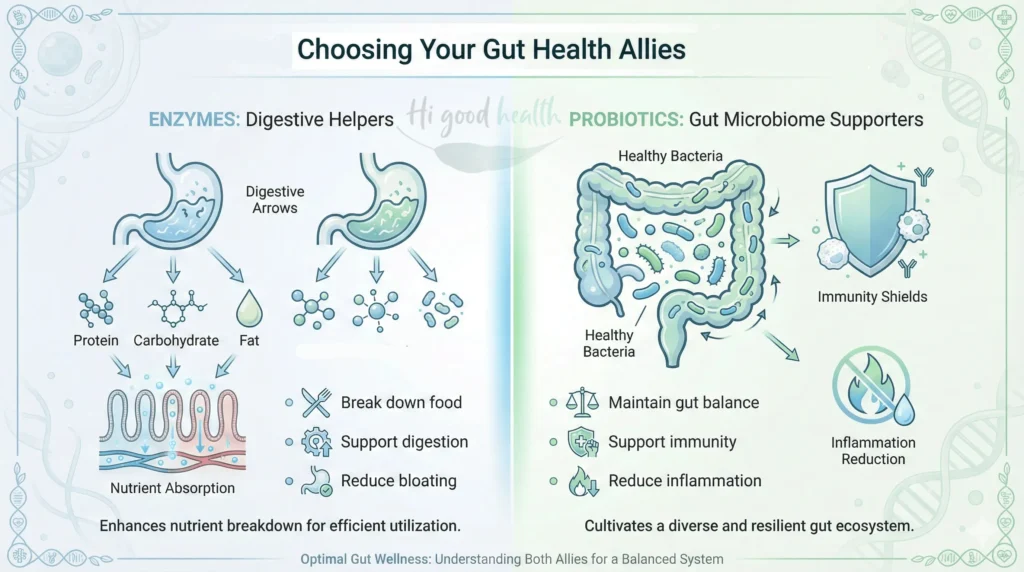 Enzymes vs. Probiotics: Choosing Your Allies for Optimal Gut Health 2 Compare enzymes, prebiotics, and probiotics to optimize digestion and overall gut health naturally.