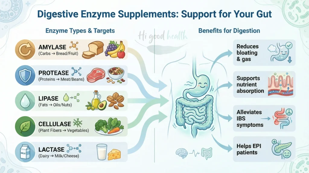 Enzymes vs. Probiotics: Choosing Your Allies for Optimal Gut Health 4 Digestive enzyme supplements aid food breakdown, nutrient absorption, and ease bloating or digestive discomfort.