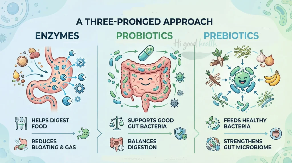 Enzymes vs. Probiotics: Choosing Your Allies for Optimal Gut Health 3 Digestive supplements: enzymes, probiotics, and prebiotics help ease digestion and support gut health