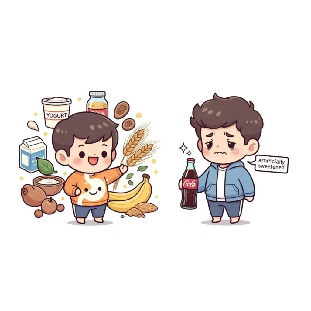 Cartoon comparing a happy child with yoghurt, honey and fruit to a downcast child holding an artificially sweetened cola