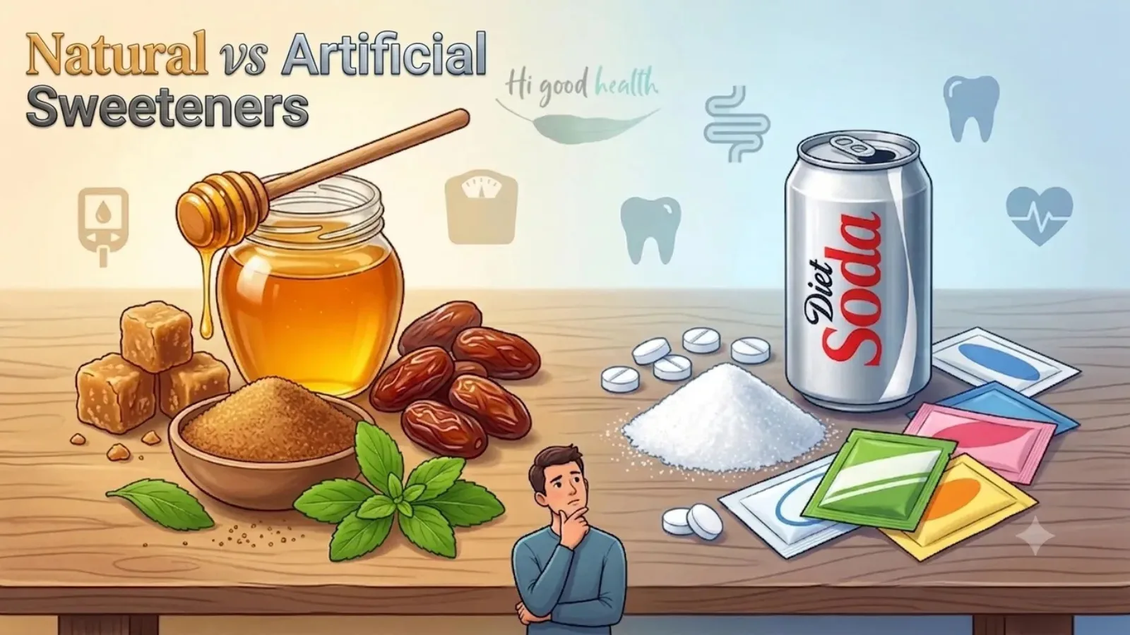 Natural vs Artificial Sweeteners: What’s Best for Gut Health, Appetite & Blood Sugar? 2 Honey, jaggery and dates beside artificial sweetener tablets and a diet cola can, headed Natural versus Artificial Sweeteners
