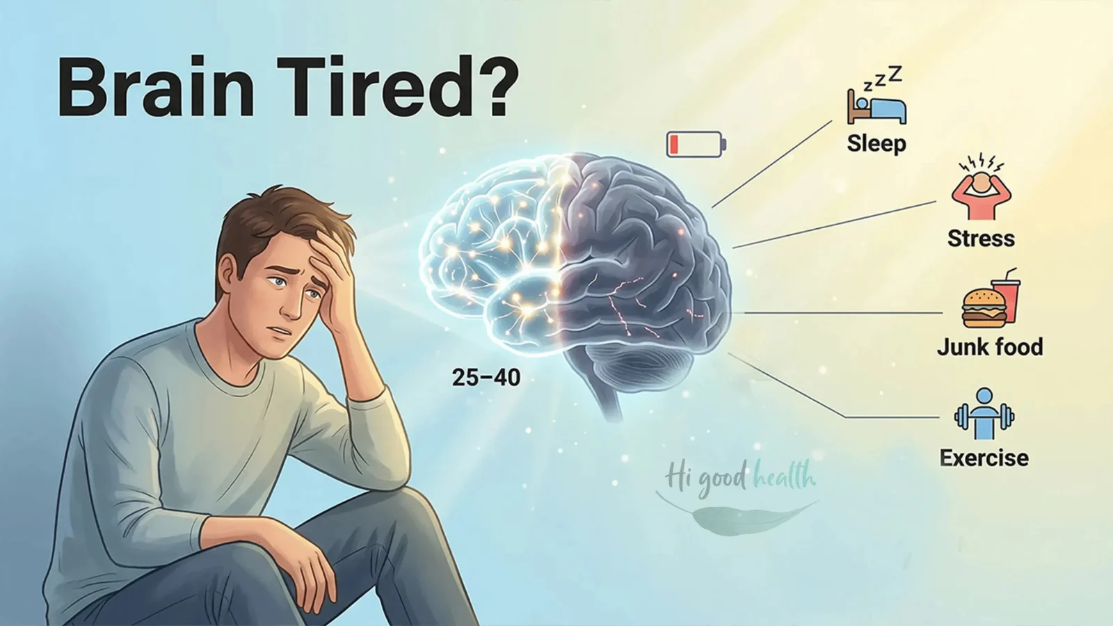 Tired man beside a half-dimmed brain with a low battery, labelled sleep, stress, junk food and exercise, headed Brain Tired