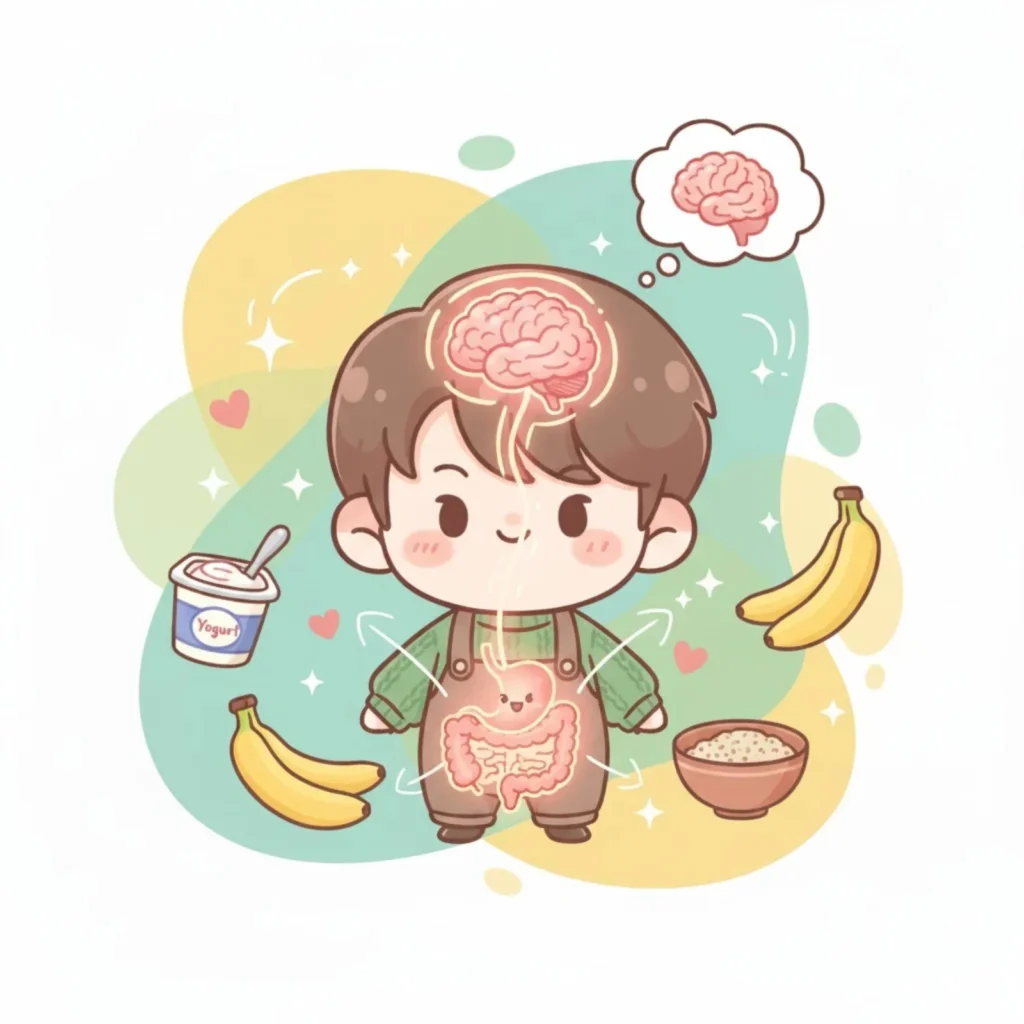 Cartoon child showing the brain and gut connected, surrounded by yoghurt, bananas and grains