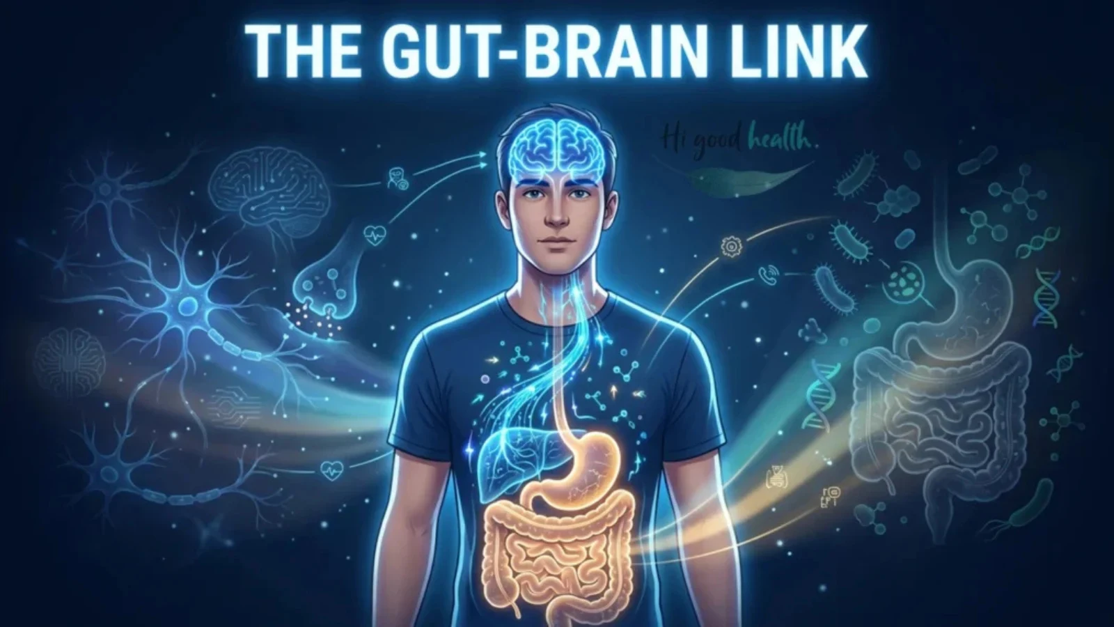 Man shown with a glowing brain linked to his digestive tract, headed The Gut-Brain Link