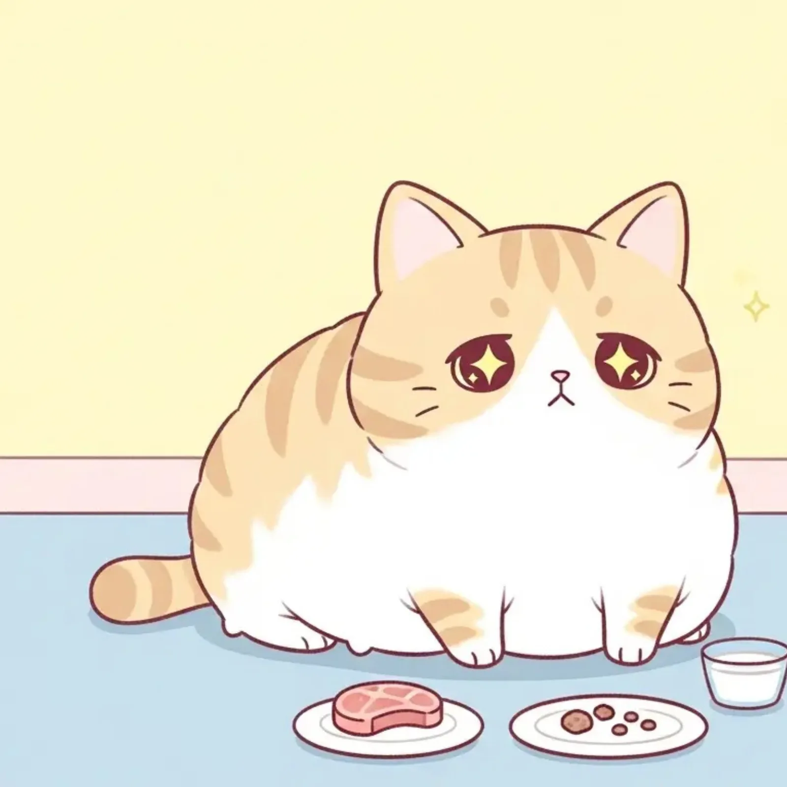 Cartoon of an overweight ginger cat lying beside bowls of food