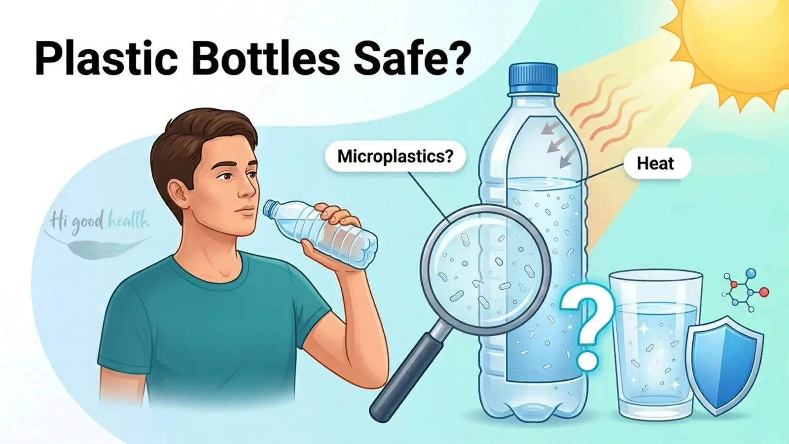 Man drinking from a plastic bottle beside a microplastics magnifier, headed Plastic Bottles Safe