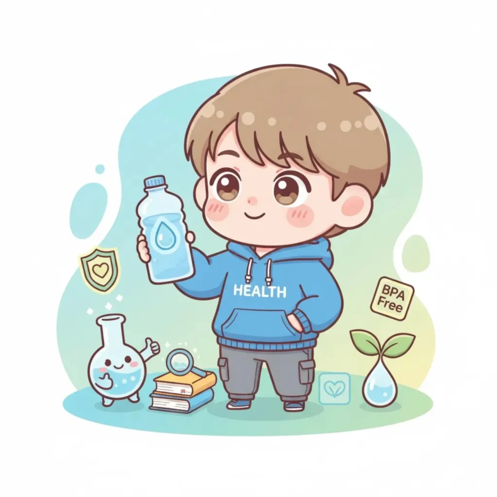Cartoon boy in a Health hoodie holding a water bottle beside a BPA-free label and a glass flask