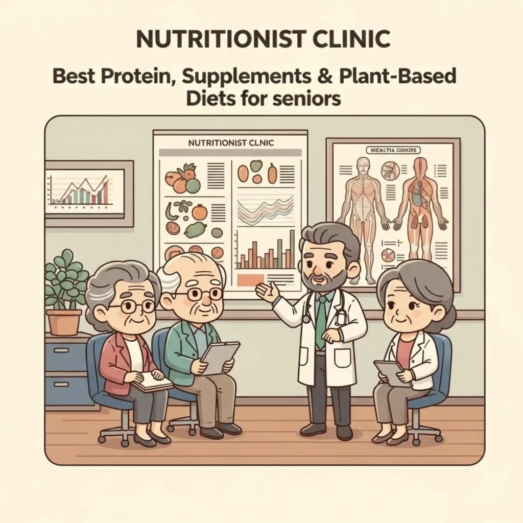 Illustration of a nutritionist advising older patients in a clinic about protein, supplements and plant-based diets