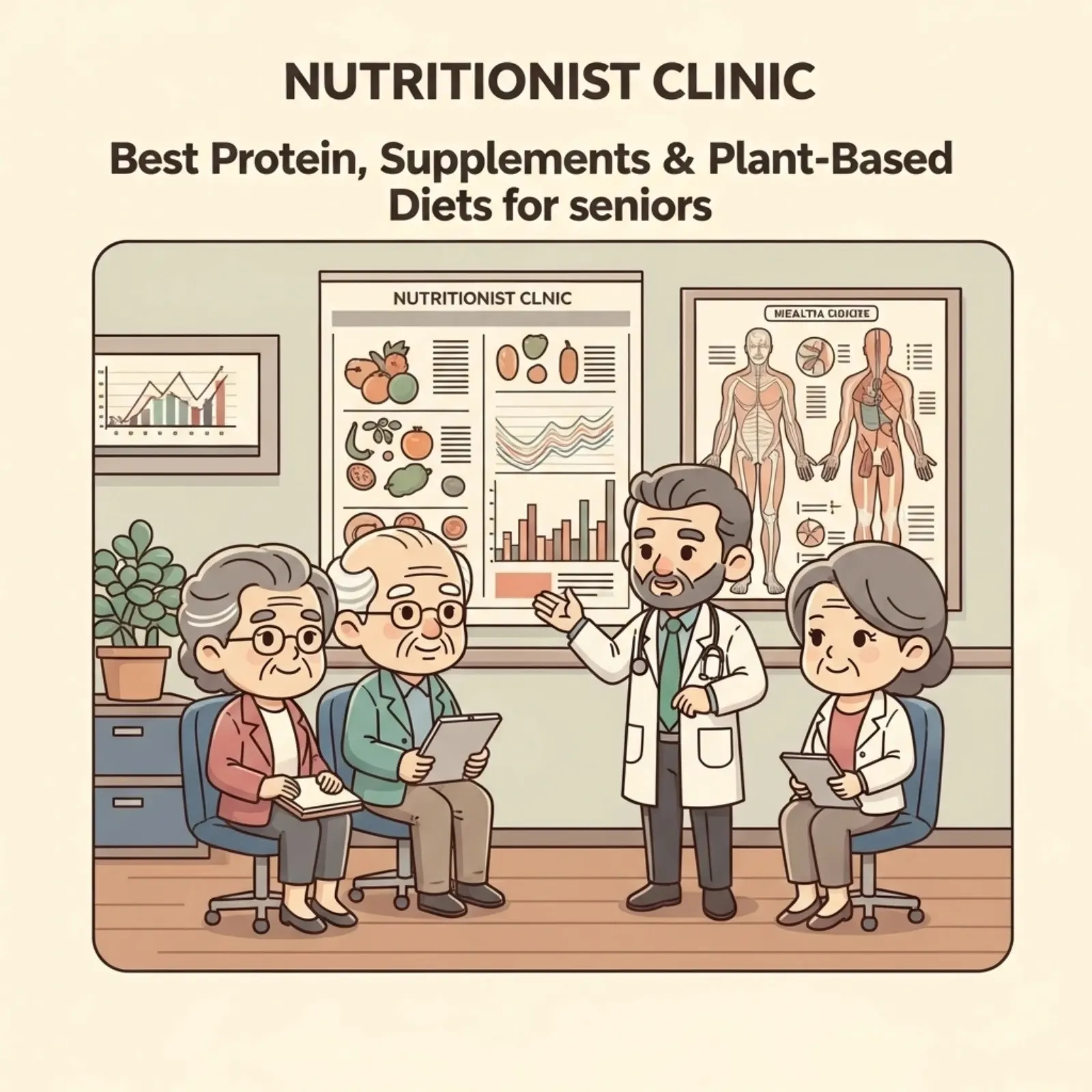 Illustration of a nutritionist advising older patients in a clinic about protein, supplements and plant-based diets