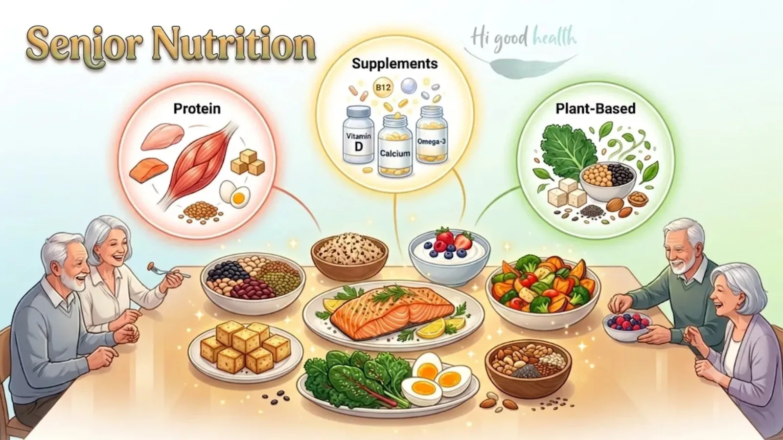 Older adults at a table of protein foods, supplements and plant-based meals, headed Senior Nutrition