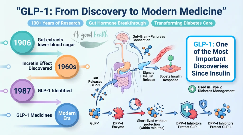 Part 1 - GLP1 India-1 GLP-1 discovery timeline and mechanism – diabetes treatment infographic