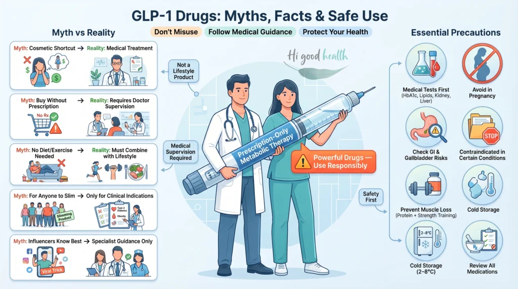 GLP-1 Drugs Explained: What They Are, How They Work, Benefits, Side Effects, and Safety in India (2026) 3 GLP-1 drugs myths vs safety guide – medical infographic