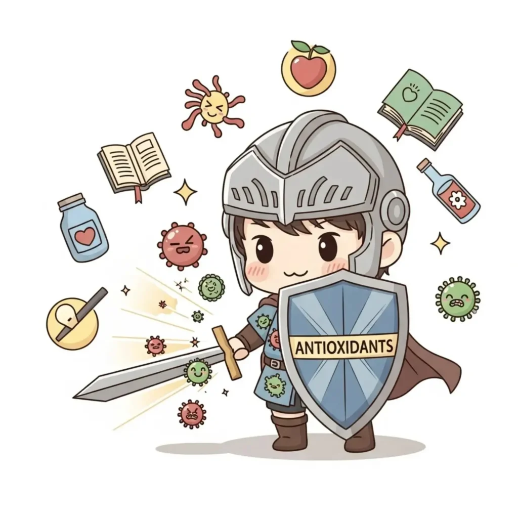 Cartoon child as a knight holding an antioxidants shield against free-radical germs