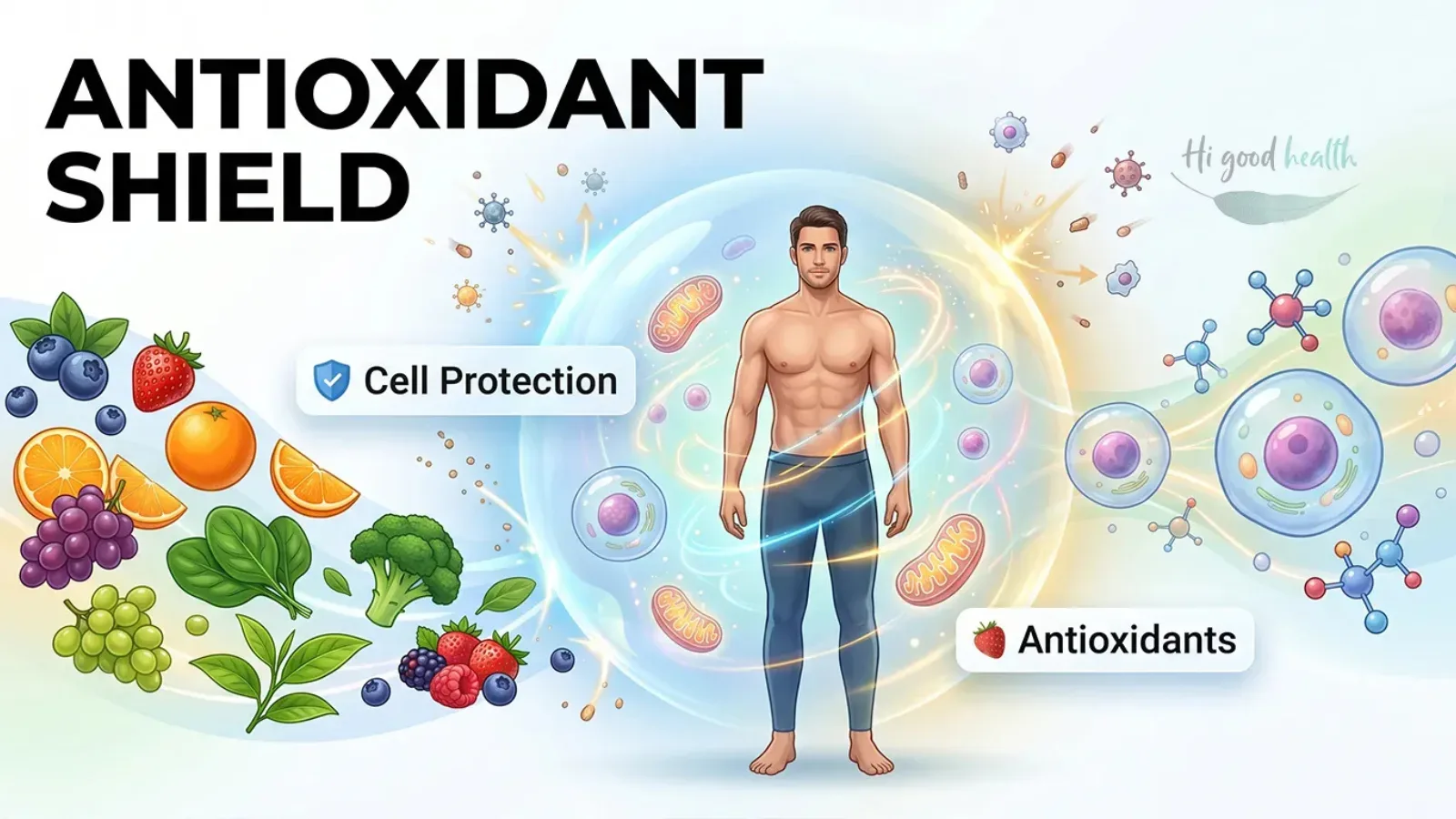 Man surrounded by berries, citrus and cell illustrations, headed Antioxidant Shield, cell protection