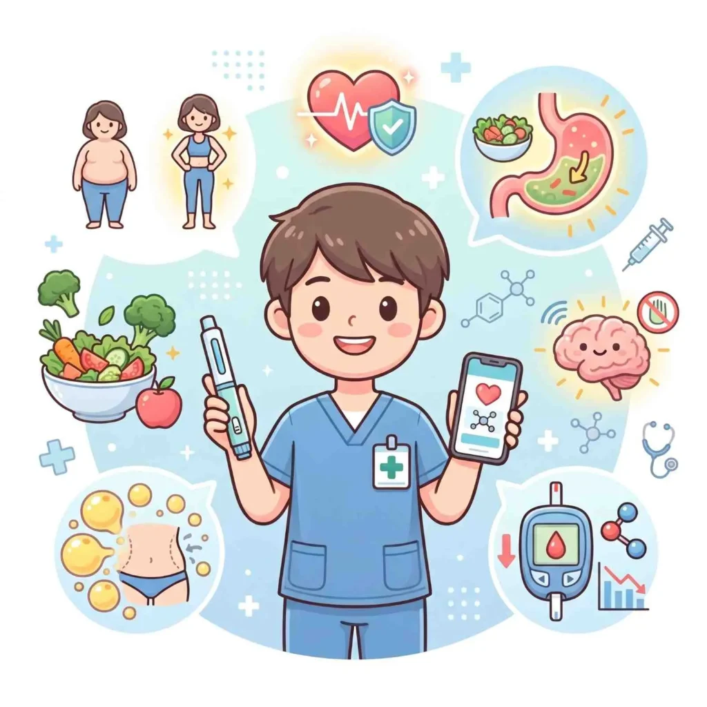 Cartoon health worker holding a GLP-1 injector pen and a phone, surrounded by food, heart and brain icons
