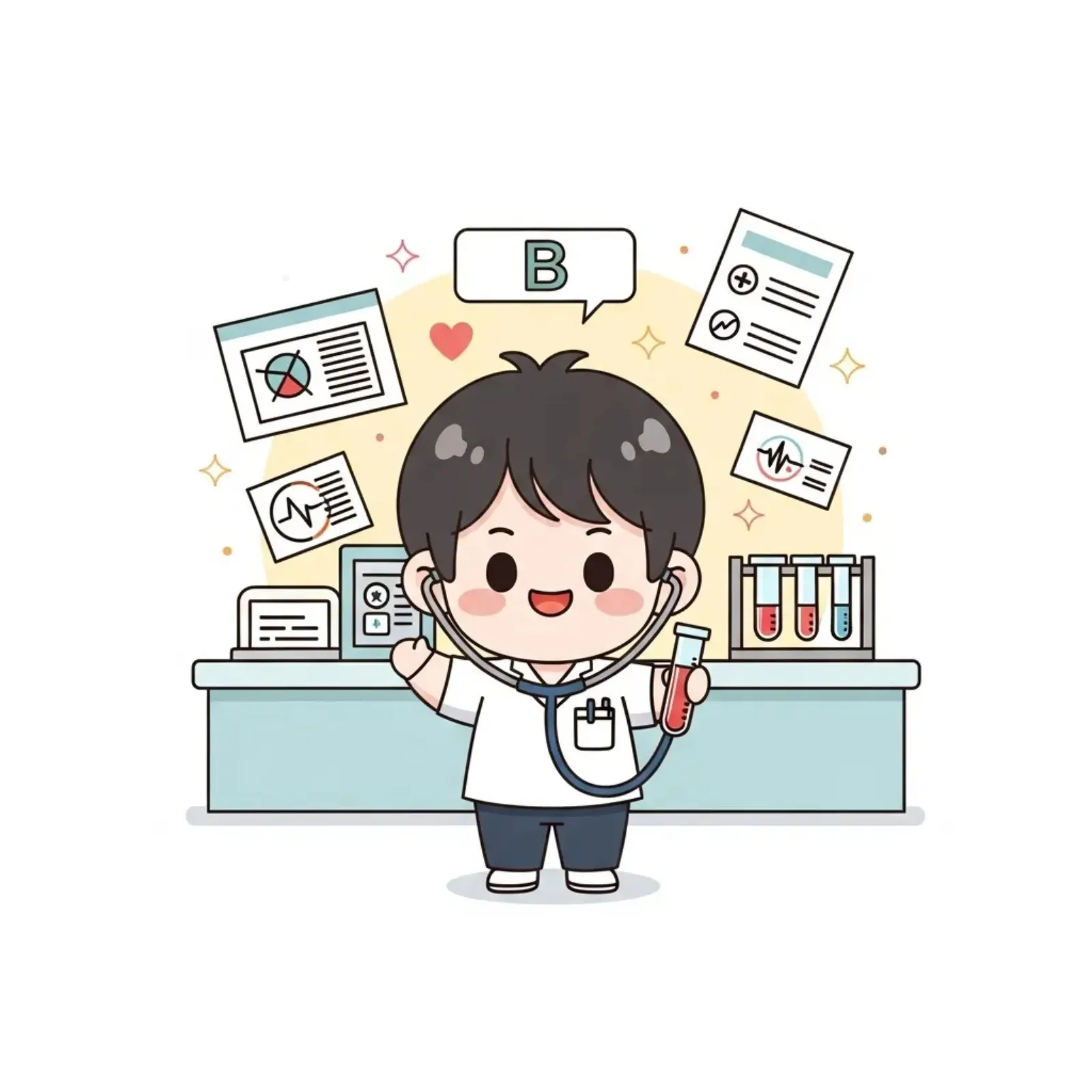 Cartoon child in a lab coat holding a test tube, surrounded by blood-test reports